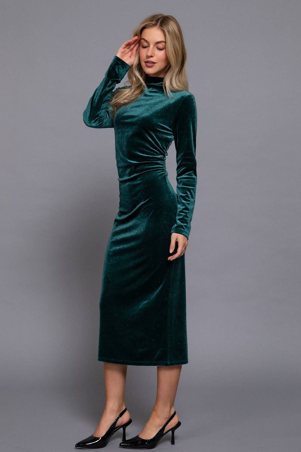 Midi Shirring Glitter Velvet Dress-Midi Dresses-Active Basic | Active USA-Shop with Bloom West Boutique, Women's Fashion Boutique, Located in Houma, Louisiana