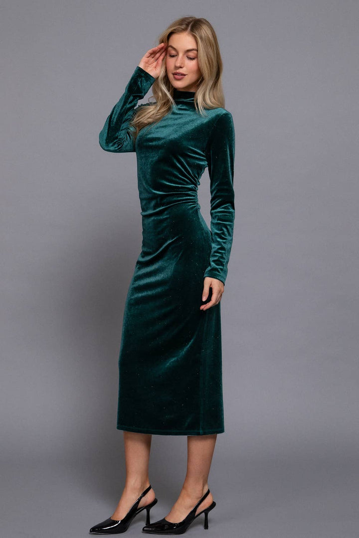 Midi Shirring Glitter Velvet Dress-Midi Dresses-Active Basic | Active USA-Shop with Bloom West Boutique, Women's Fashion Boutique, Located in Houma, Louisiana