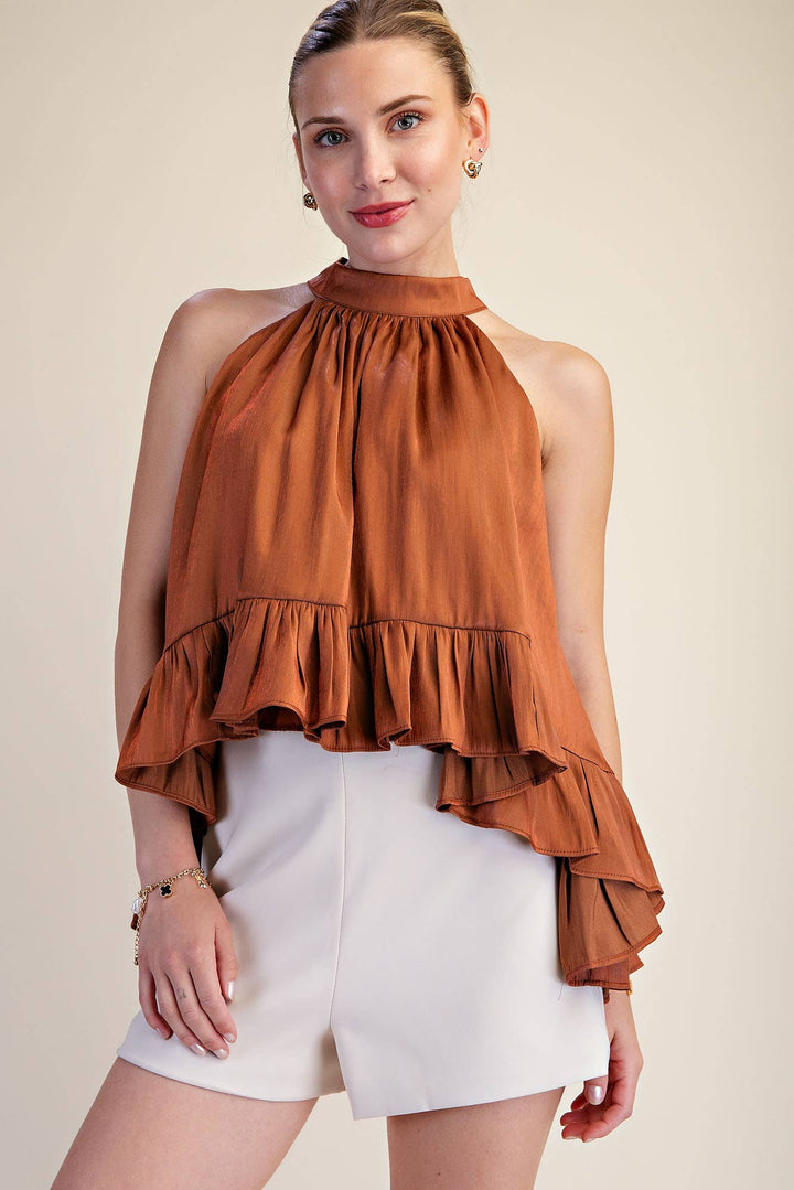 Ruffle Halter Top With Back Neck Tie-Glam-Shop with Bloom West Boutique, Women&