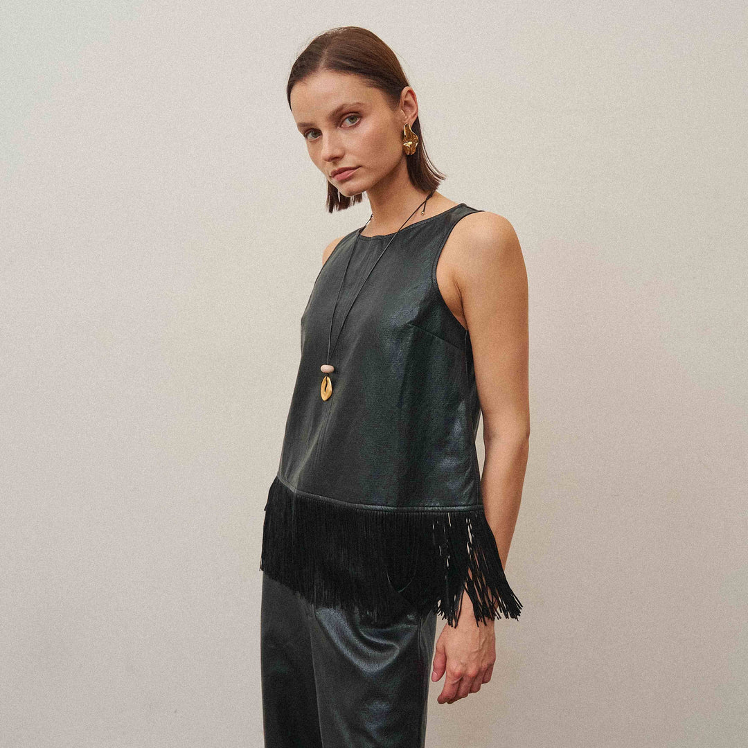 AS3778 Fringe vegan leather top &amp; pants set-Able-Shop with Bloom West Boutique, Women&