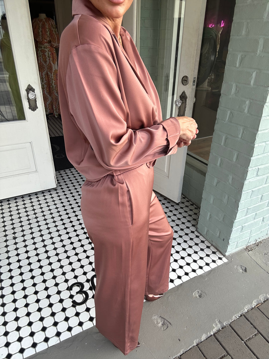 Archer Satin Button Down and Pants Set-Outfits-dress forum-Shop with Bloom West Boutique, Women's Fashion Boutique, Located in Houma, Louisiana