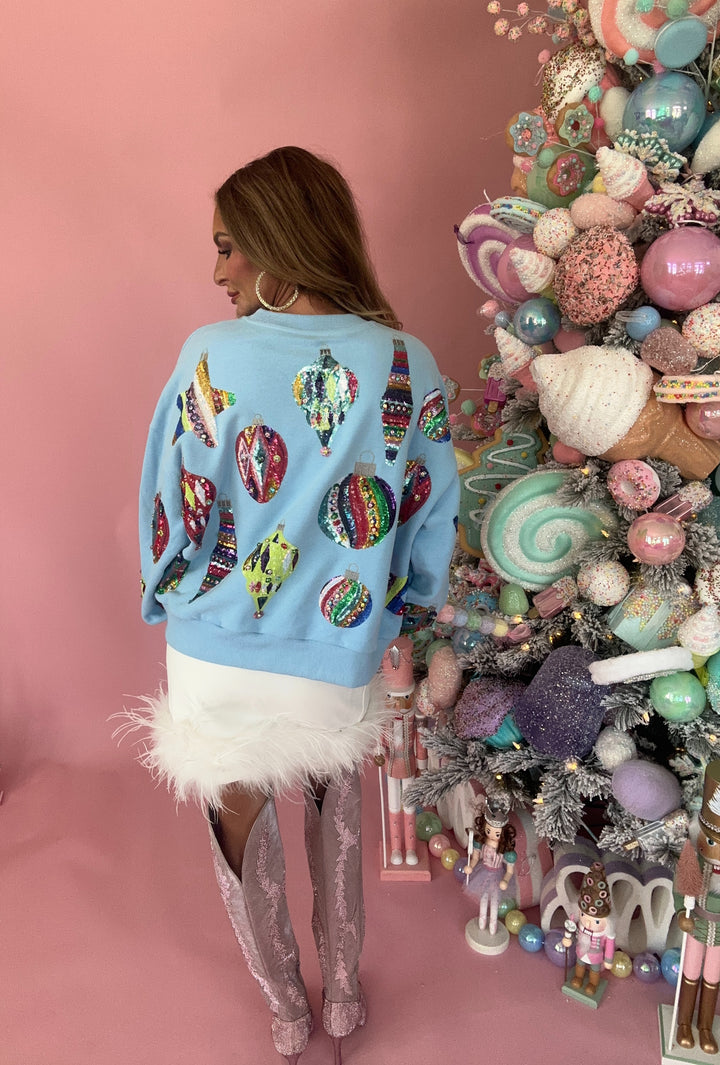 Queen Of Sparkles Light Blue Multi Color Ornaments Sweatshirt-QOS Tops-Queen Of Sparkles-Shop with Bloom West Boutique, Women's Fashion Boutique, Located in Houma, Louisiana