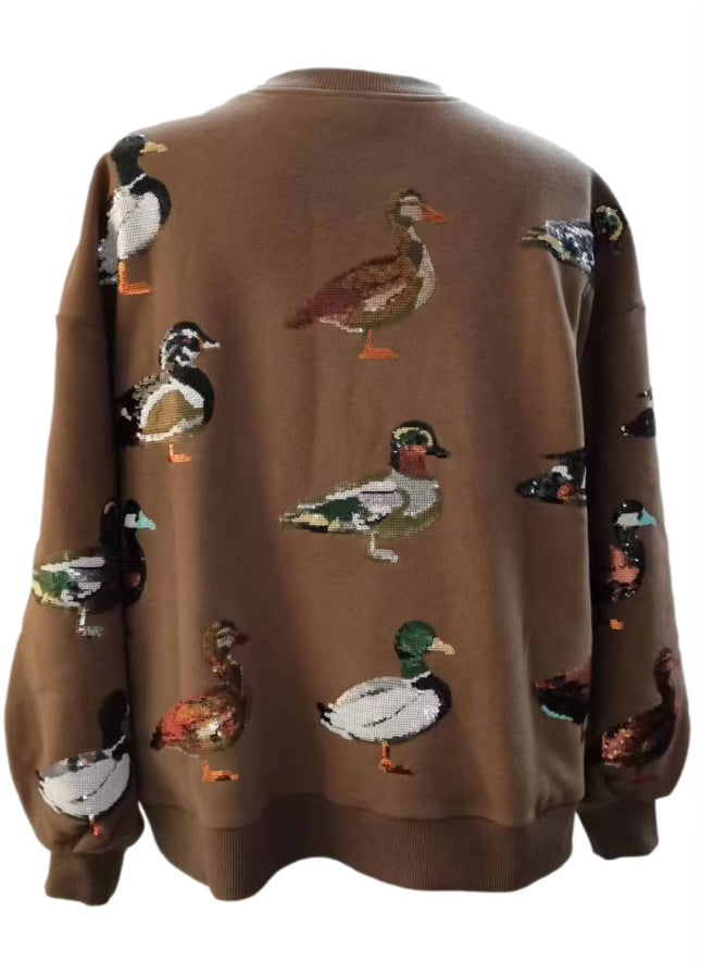 Queen Of Sparkles Brown Scattered Duck Sweatshirt-Graphic Sweaters-Queen Of Sparkles-Shop with Bloom West Boutique, Women's Fashion Boutique, Located in Houma, Louisiana