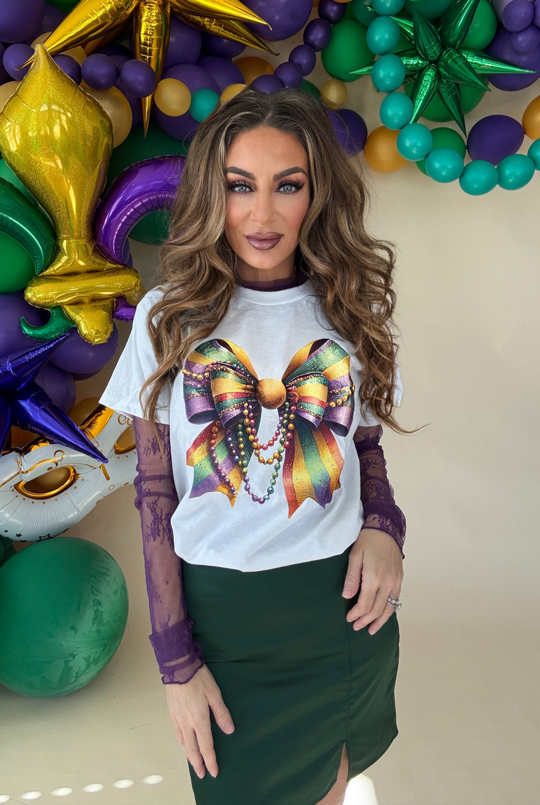 Mardi Gras Glitter Bow with Beads Tee-Graphic Tees-The Wild Navy-Shop with Bloom West Boutique, Women's Fashion Boutique, Located in Houma, Louisiana