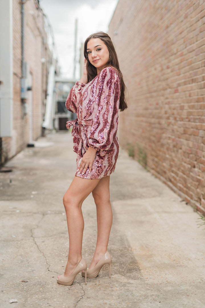 Adeline Sequin Wrap Dress Mauve-Dresses-Buddy Love-Shop with Bloom West Boutique, Women's Fashion Boutique, Located in Houma, Louisiana