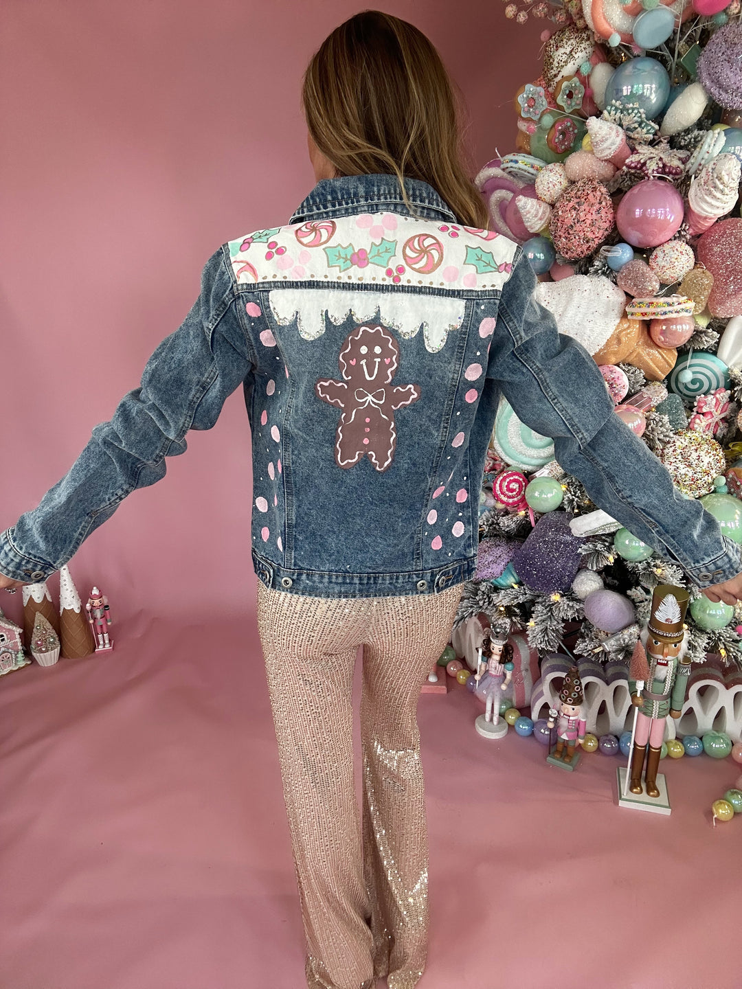 Women's Gingerbread Hand Custom Painted Denim Jacket Long Sleeve Top-Jackets-Hidden Brand-Shop with Bloom West Boutique, Women's Fashion Boutique, Located in Houma, Louisiana