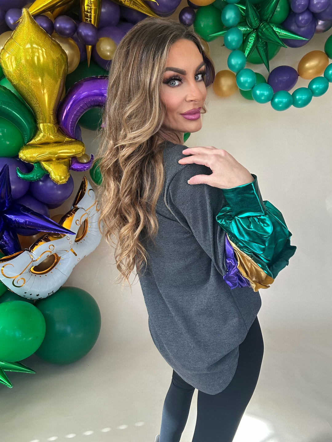 Mardi Foil Ruffled Color Block Thermal V-Neck Top-Long Sleeves-Bibi-Shop with Bloom West Boutique, Women's Fashion Boutique, Located in Houma, Louisiana