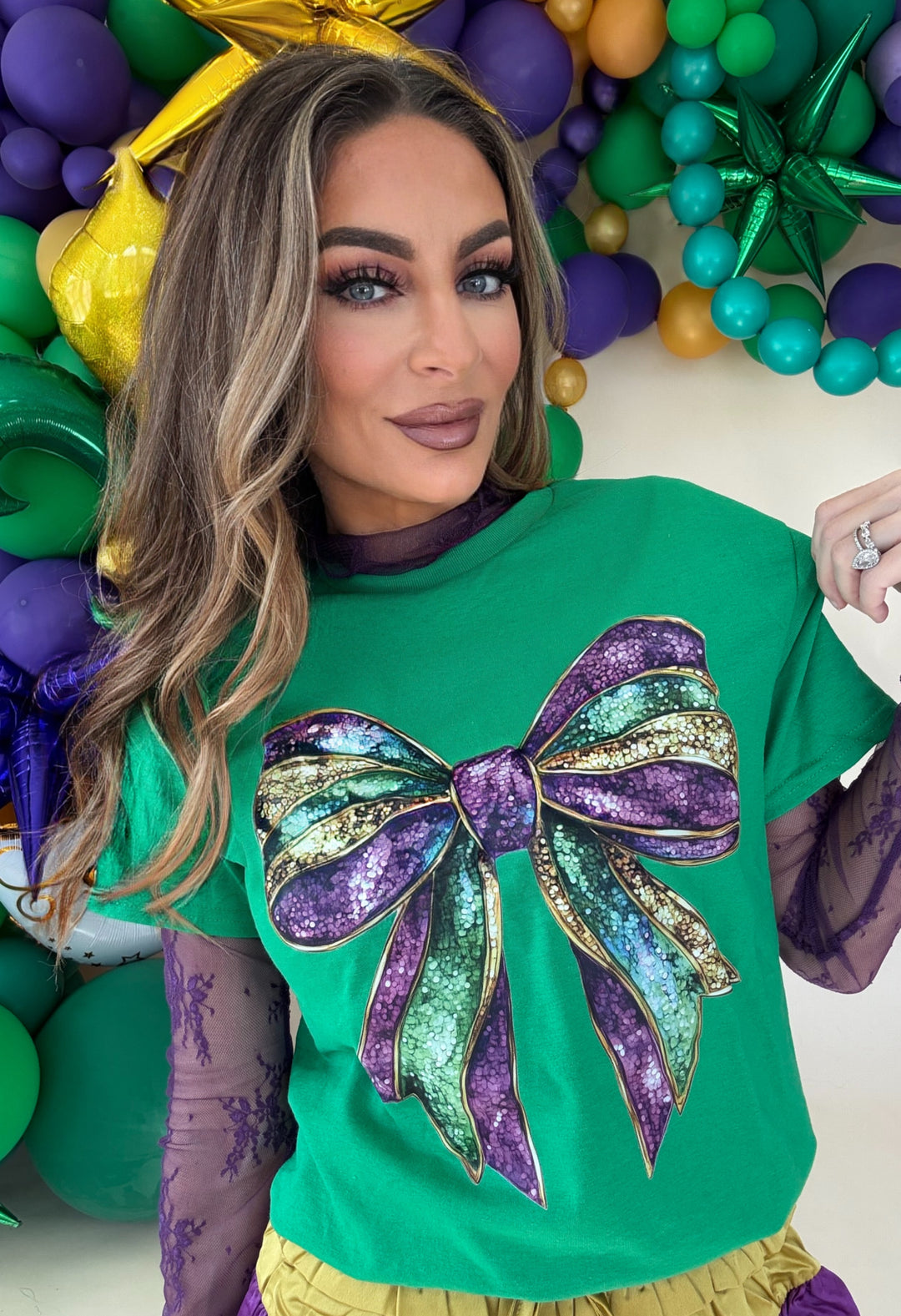 Mardi Gras Green Glitter Bow Tee-Graphic Tees-The Wild Navy-Shop with Bloom West Boutique, Women's Fashion Boutique, Located in Houma, Louisiana