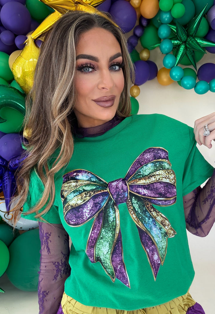 Mardi Gras Green Glitter Bow Tee-Graphic Tees-The Wild Navy-Shop with Bloom West Boutique, Women's Fashion Boutique, Located in Houma, Louisiana