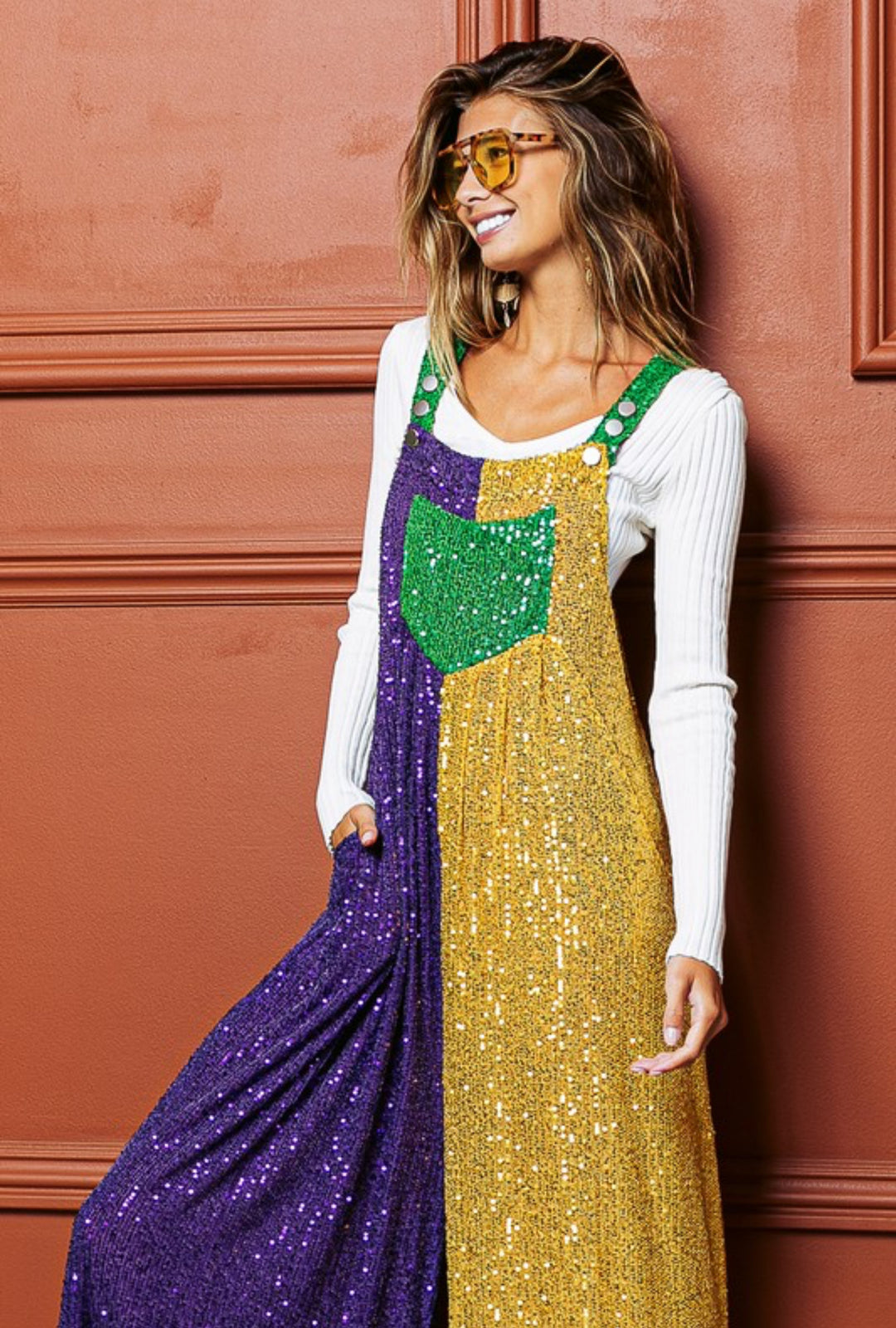 Sequin Mardi Gras Color Block Overalls-Jumpsuits-Bibi-Shop with Bloom West Boutique, Women's Fashion Boutique, Located in Houma, Louisiana