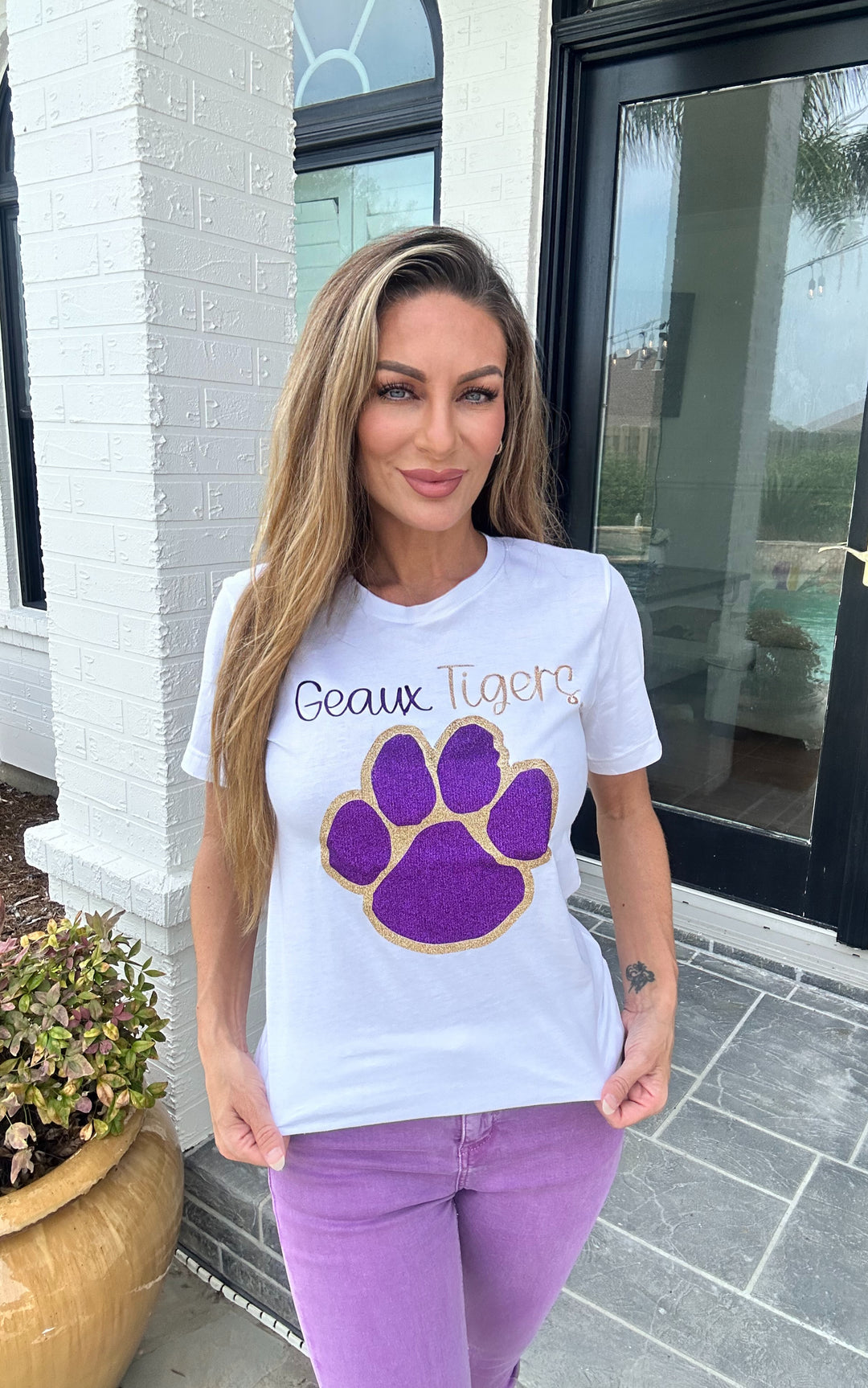 Geaux Tigers Glitter Paw Print Shirt-Graphic Tees-Geauxing Southern Boutique-Shop with Bloom West Boutique, Women's Fashion Boutique, Located in Houma, Louisiana