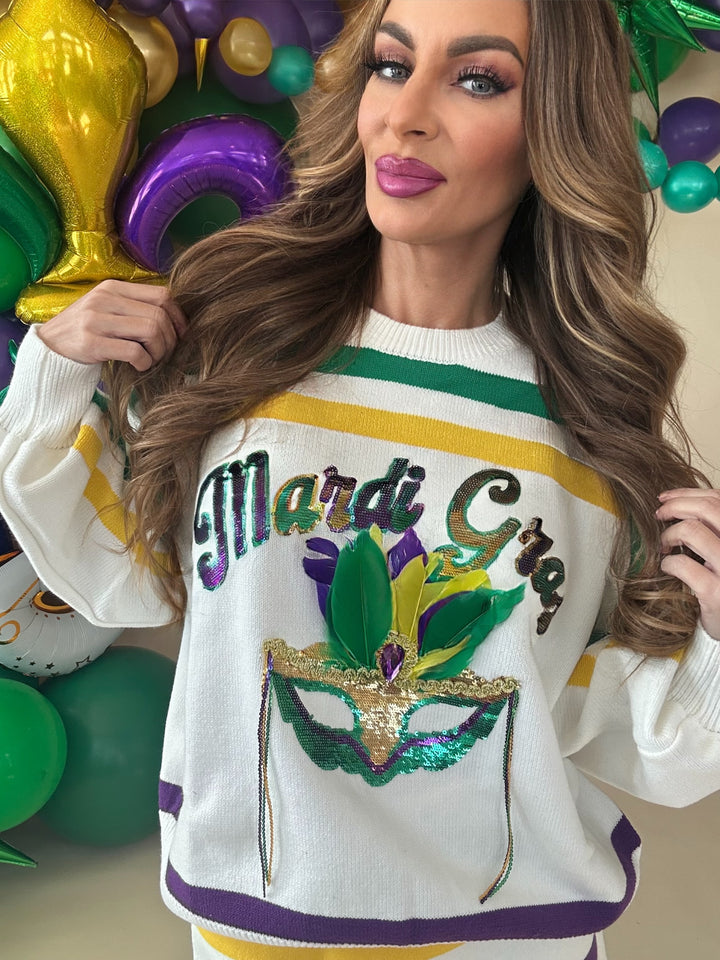 Queen Of Sparkles White Striped Mardi Gras Mask Sweater-QOS Tops-Queen Of Sparkles-Shop with Bloom West Boutique, Women's Fashion Boutique, Located in Houma, Louisiana