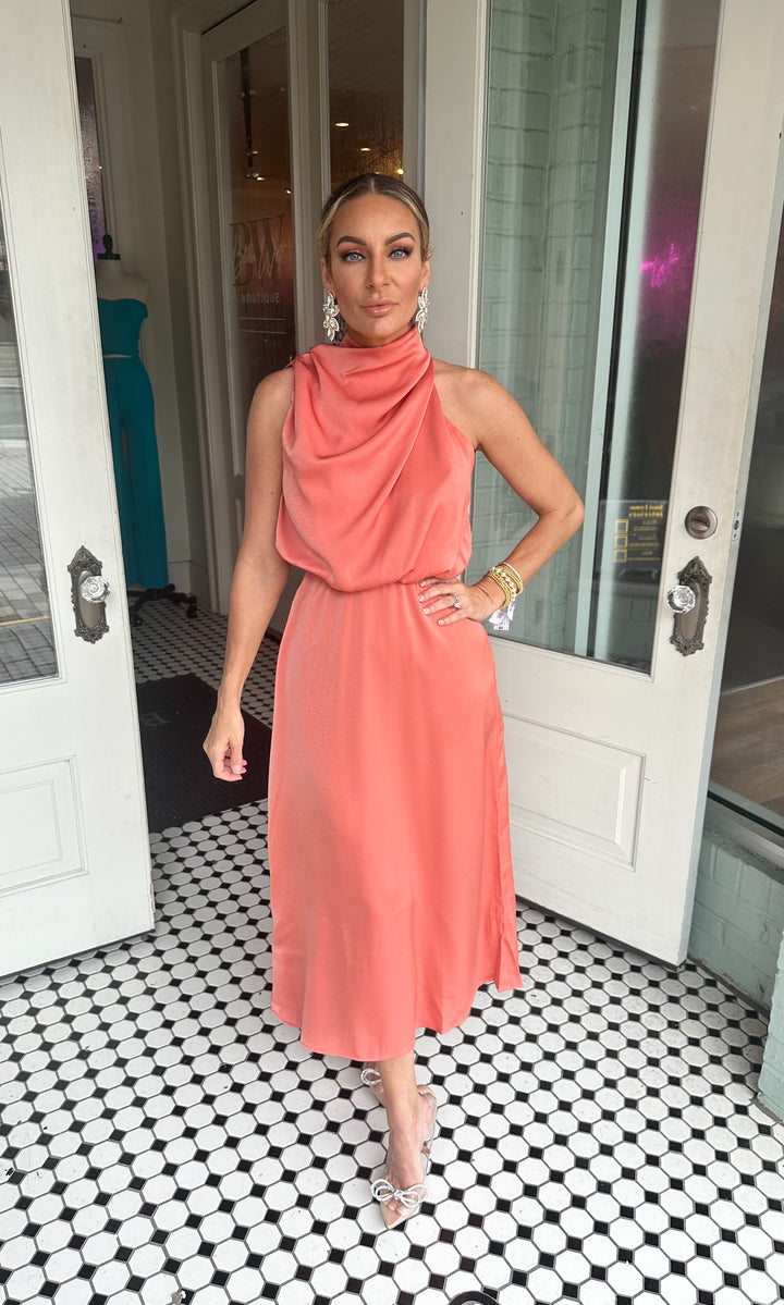 Ambrose High Collar Satin Midi Dress-Dresses-Sweet Kama-Shop with Bloom West Boutique, Women's Fashion Boutique, Located in Houma, Louisiana