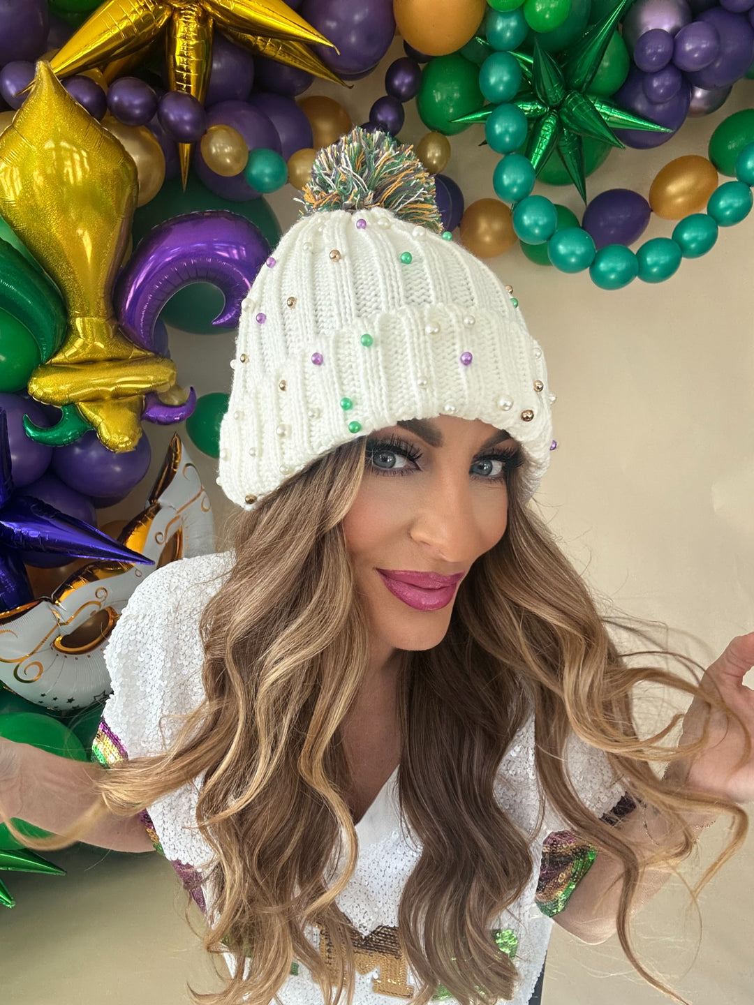 Mardi Gras Pearl Beanie Hat-Hats-songlily-Shop with Bloom West Boutique, Women's Fashion Boutique, Located in Houma, Louisiana