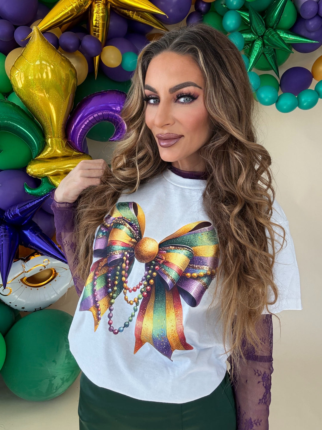 Mardi Gras Glitter Bow with Beads Tee-Graphic Tees-The Wild Navy-Shop with Bloom West Boutique, Women's Fashion Boutique, Located in Houma, Louisiana