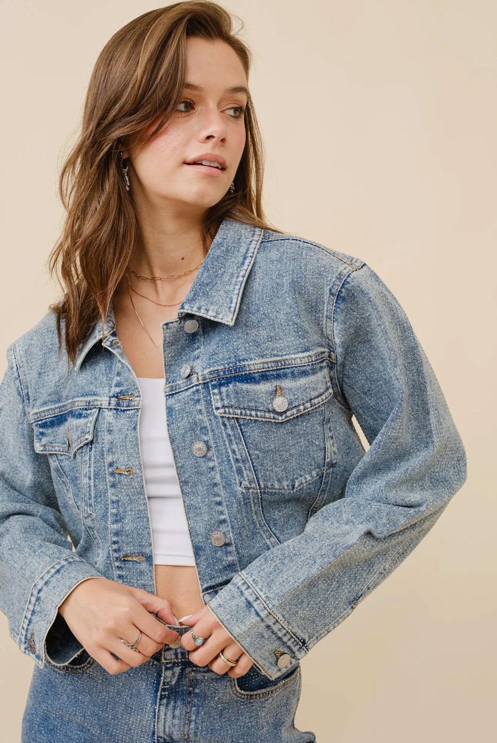 Trista Clear Crystal Crop Stretch Denim Jacket-Jackets-Faire-Shop with Bloom West Boutique, Women's Fashion Boutique, Located in Houma, Louisiana