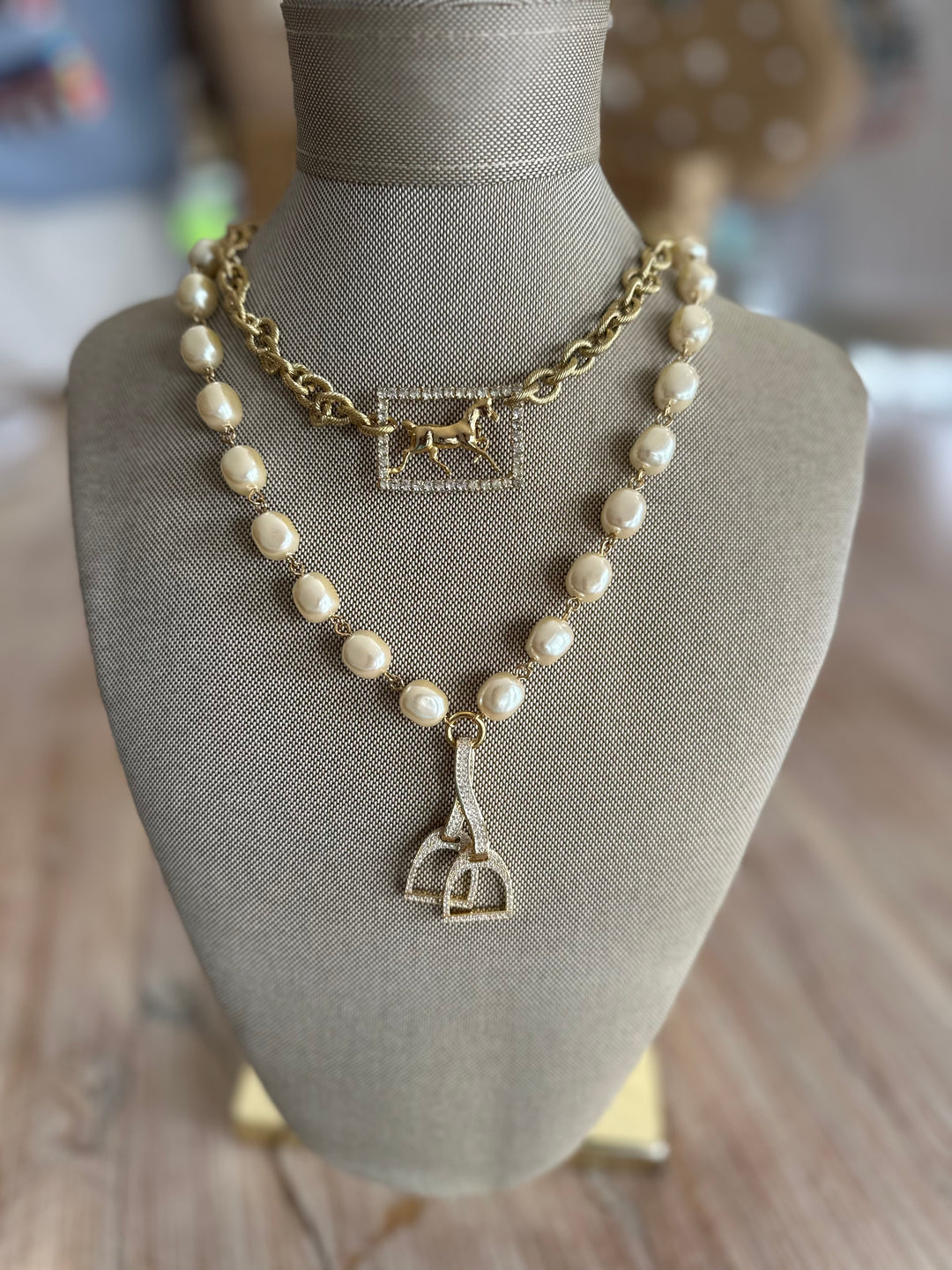 Pearl Necklace With Rhinestone Horse Stirrups-Accessories-Erin Knight Designs-Shop with Bloom West Boutique, Women's Fashion Boutique, Located in Houma, Louisiana
