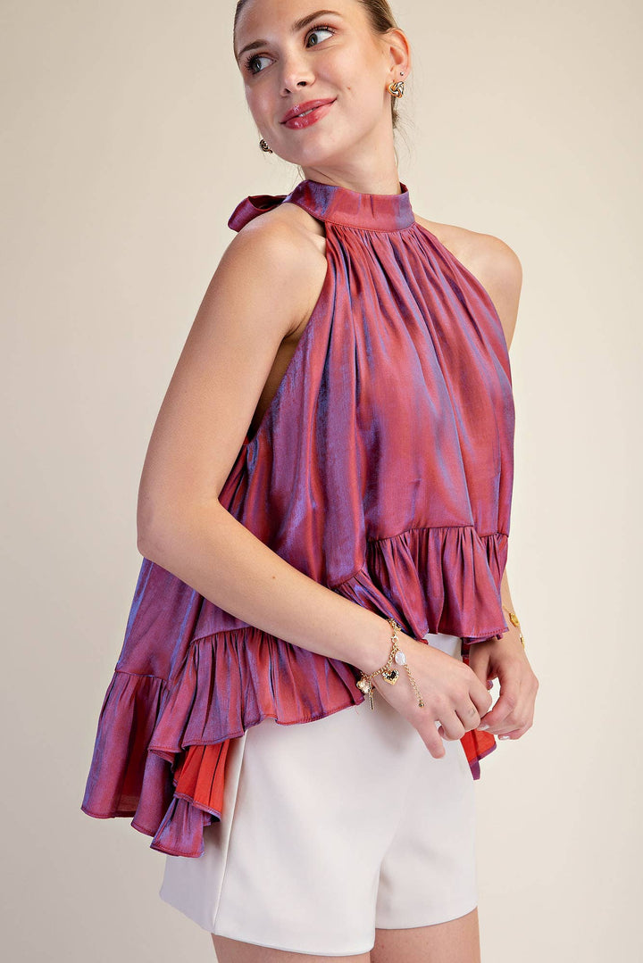 Ruffle Halter Top With Back Neck Tie-Glam-Shop with Bloom West Boutique, Women&