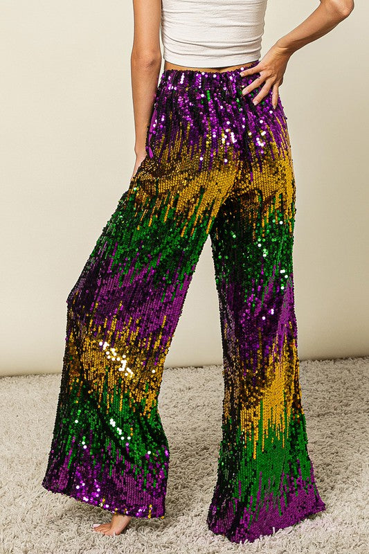 Mardi Gras Sequin Wide Leg Pants-Pants-Bibi-Shop with Bloom West Boutique, Women's Fashion Boutique, Located in Houma, Louisiana