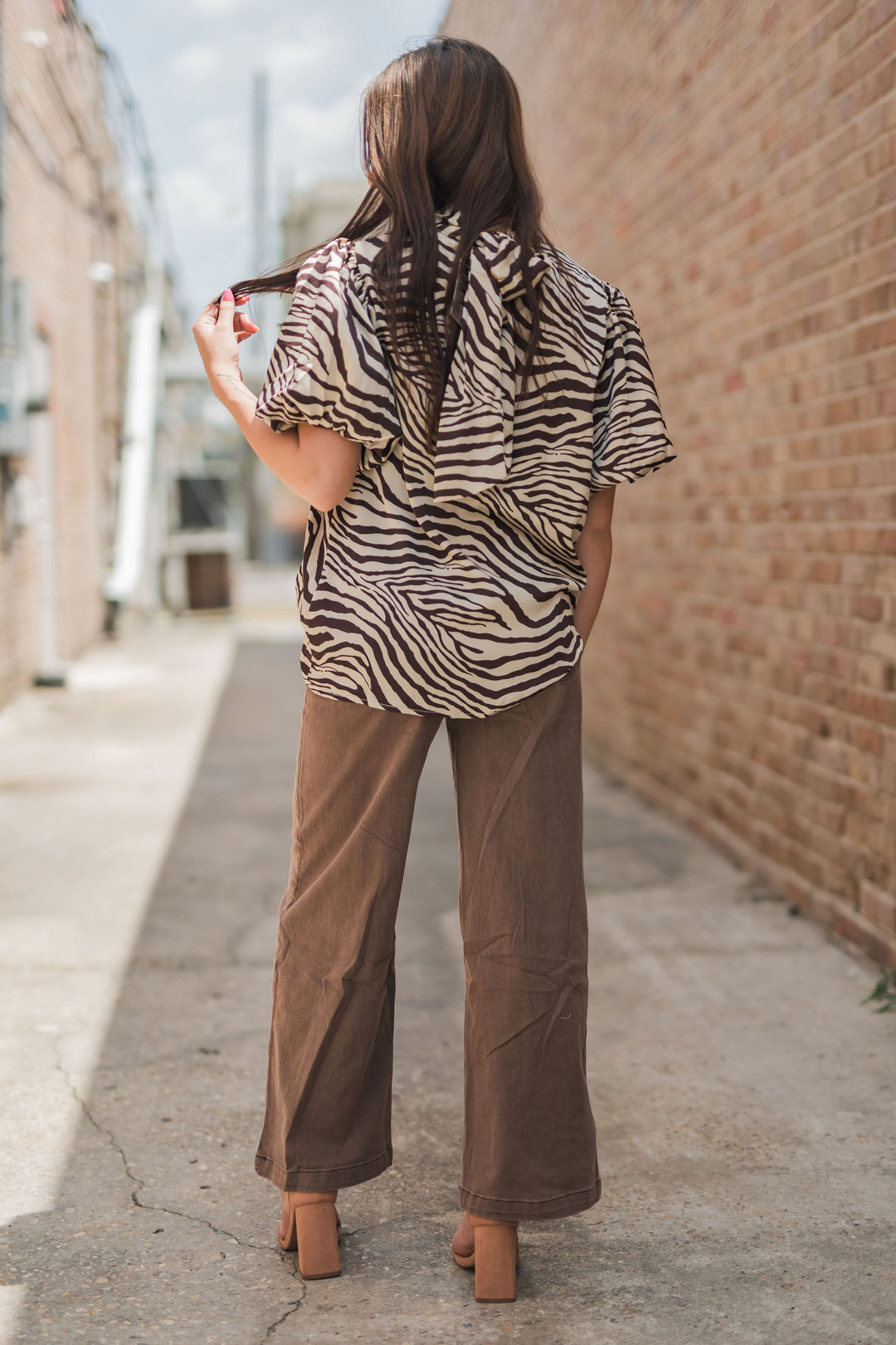 Tina Chocolate Zebra Print Blouse-Long Sleeves-Bloom West Boutique-Shop with Bloom West Boutique, Women's Fashion Boutique, Located in Houma, Louisiana
