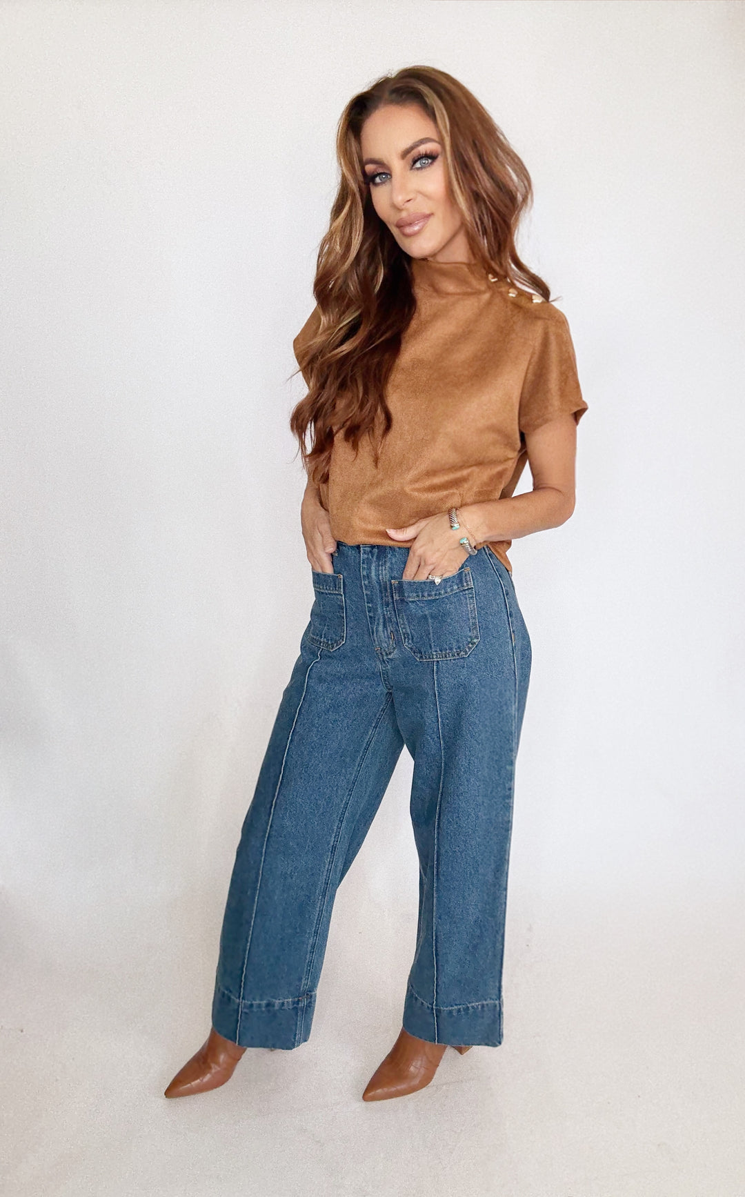 THML Short Sleeve Suede Top-Tops-THML-Shop with Bloom West Boutique, Women's Fashion Boutique, Located in Houma, Louisiana