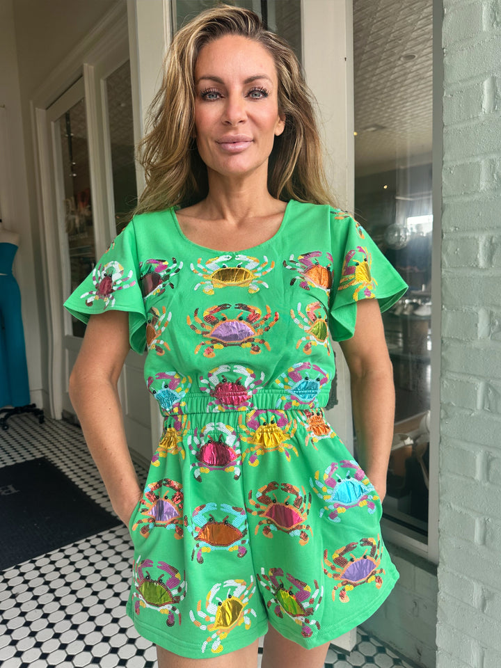 Queen of Sparkles Green Multi Crab Top-Short Sleeves-Queen Of Sparkles-Shop with Bloom West Boutique, Women's Fashion Boutique, Located in Houma, Louisiana