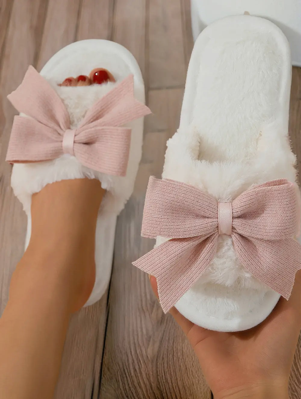 Valentine’s Bow Plush Slippers-Slippers-1 the Woman-Shop with Bloom West Boutique, Women's Fashion Boutique, Located in Houma, Louisiana