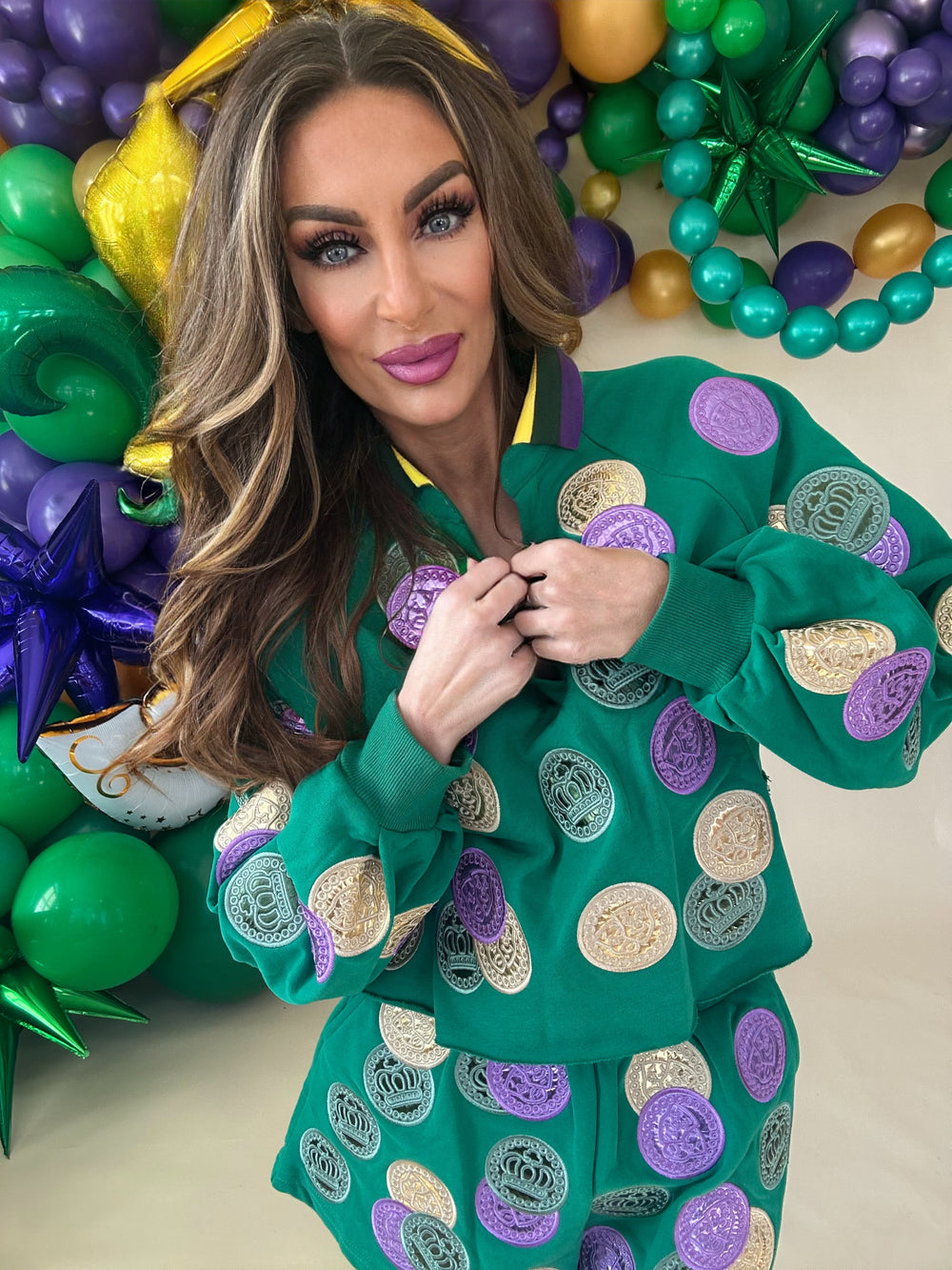 Queen of Sparkles Green Mardi Gras Dabloons Sweatshirt-QOS Tops-Queen Of Sparkles-Shop with Bloom West Boutique, Women's Fashion Boutique, Located in Houma, Louisiana