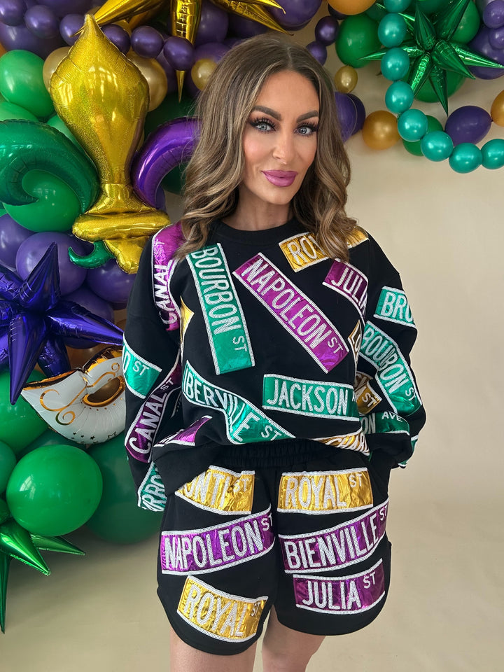 Queen of Sparkles Black Metallic Nola Street Signs Mardi Sweatshirt-QOS Tops-Queen Of Sparkles-Shop with Bloom West Boutique, Women's Fashion Boutique, Located in Houma, Louisiana