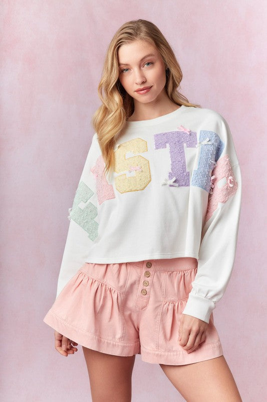 Easter Tweed Embroidery Sweatshirt-Sweaters-Peach Love-Shop with Bloom West Boutique, Women's Fashion Boutique, Located in Houma, Louisiana