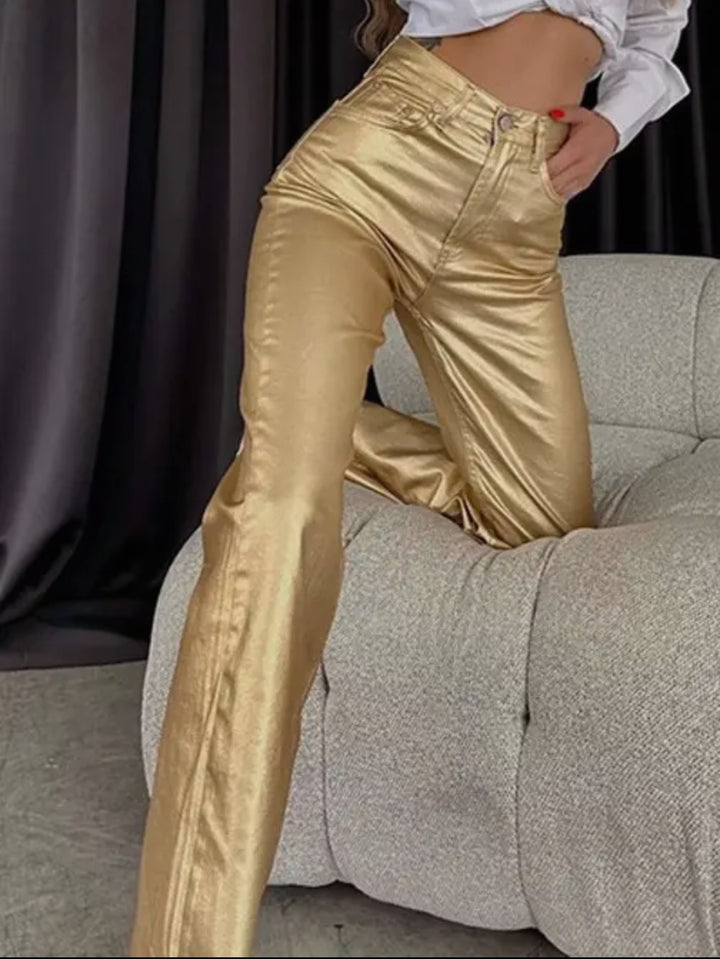 Jessalyn Metallic High Rise Straight Pant-Pants-Faire-Shop with Bloom West Boutique, Women's Fashion Boutique, Located in Houma, Louisiana