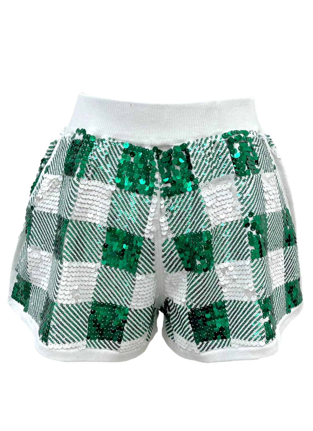 Queen Of Sparkles Buffalo Plaid Sequin Knit Shorts-QOS Bottoms-Queen Of Sparkles-Shop with Bloom West Boutique, Women's Fashion Boutique, Located in Houma, Louisiana