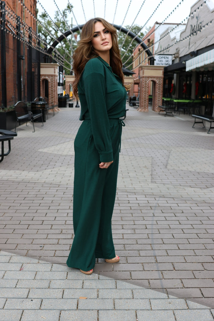 Makenna Metallic Shirt and Pants Set Green-One-Piece & Sets-Bloom West Boutique-Shop with Bloom West Boutique, Women's Fashion Boutique, Located in Houma, Louisiana