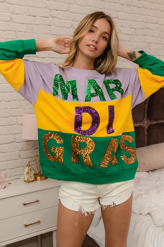 Rex Sequin Mardi Gras Lettering Color Block Sweatshirt-Sweaters-Bibi-Shop with Bloom West Boutique, Women's Fashion Boutique, Located in Houma, Louisiana