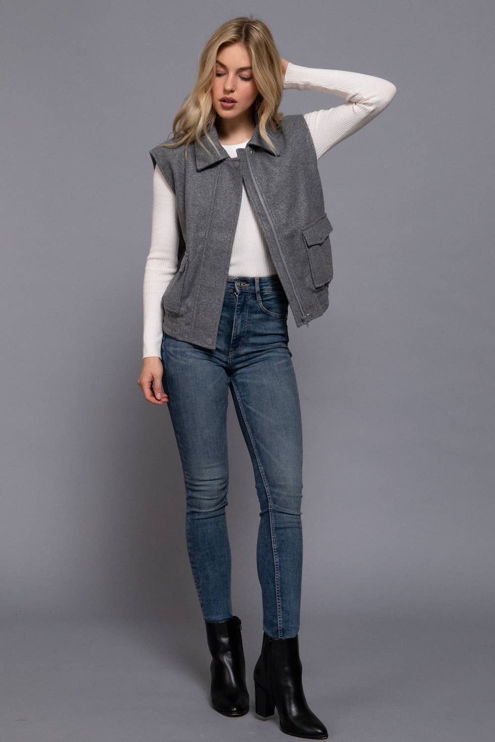 Collar Zip Up Vest grey-Vests-Active Basic | Active USA-Shop with Bloom West Boutique, Women's Fashion Boutique, Located in Houma, Louisiana