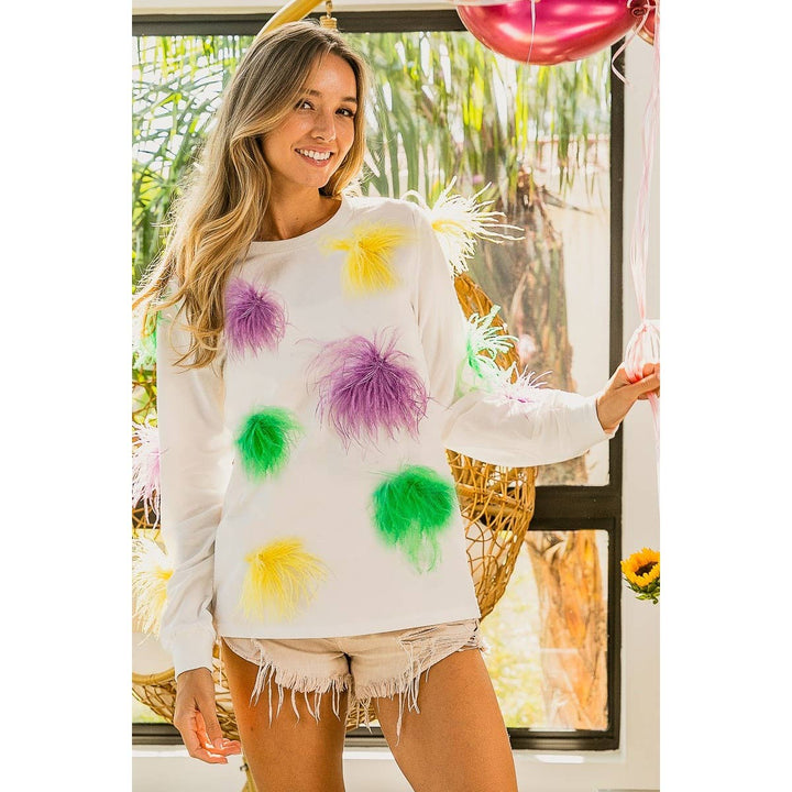 MARDI GRAS FAUX FEATHER TRIM TOP-BiBi-Shop with Bloom West Boutique, Women&