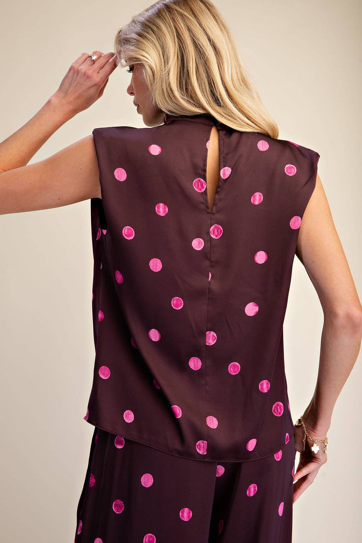 Cowl Mock Neck Pleats Shoulder Sleeveless Top Polka Dot-Glam-Shop with Bloom West Boutique, Women&