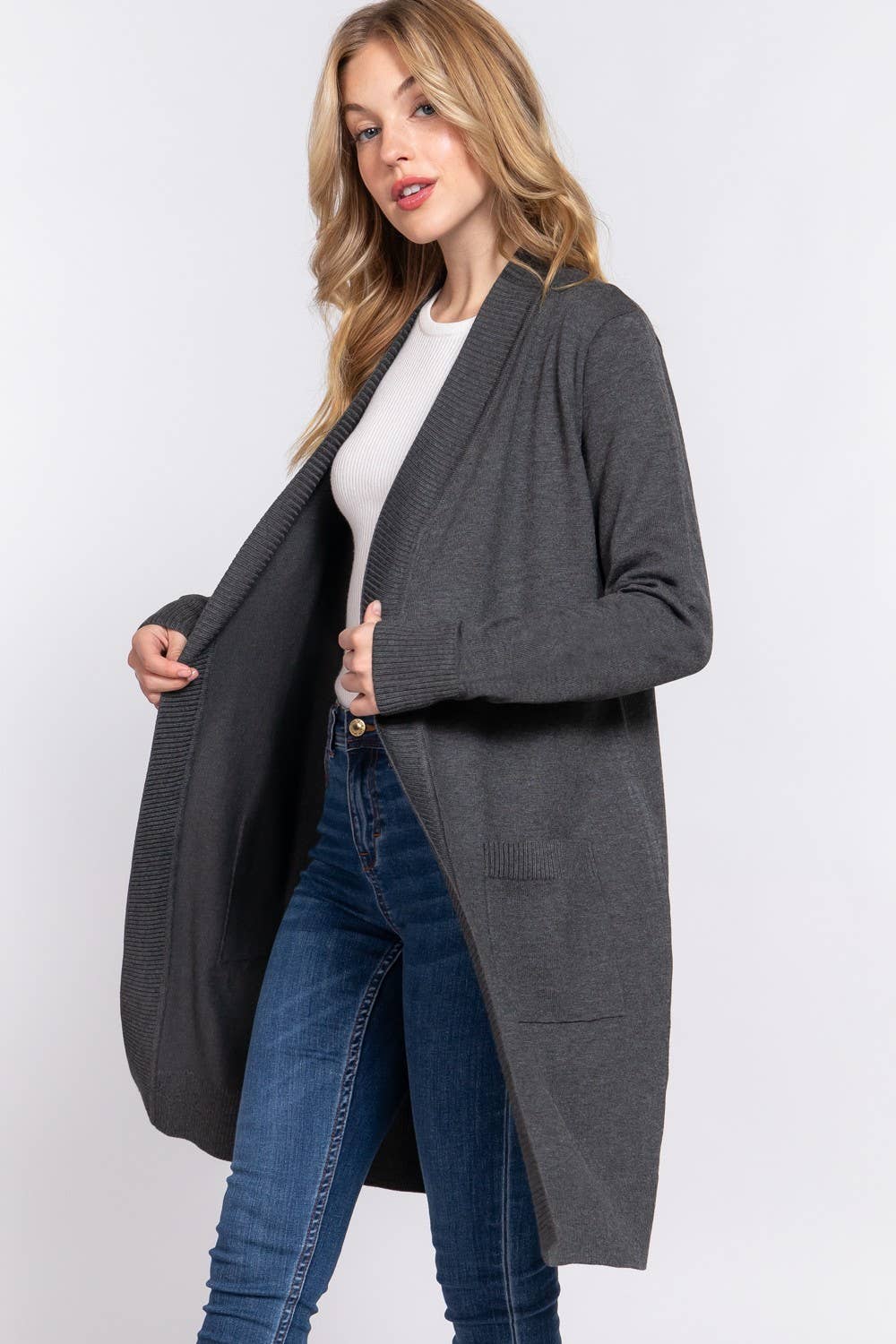 Rib Tunic Sweater Cardigan Grey-Cardigans-Active Basic | Active USA-Shop with Bloom West Boutique, Women's Fashion Boutique, Located in Houma, Louisiana