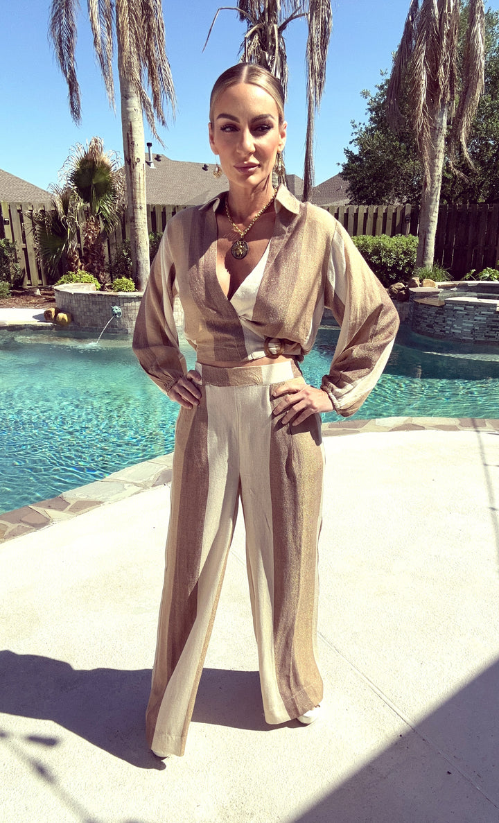 Vintage Havana Cocoa Stripe Woven Metallic Set-Two Piece Set-Vintage Havana-Shop with Bloom West Boutique, Women's Fashion Boutique, Located in Houma, Louisiana