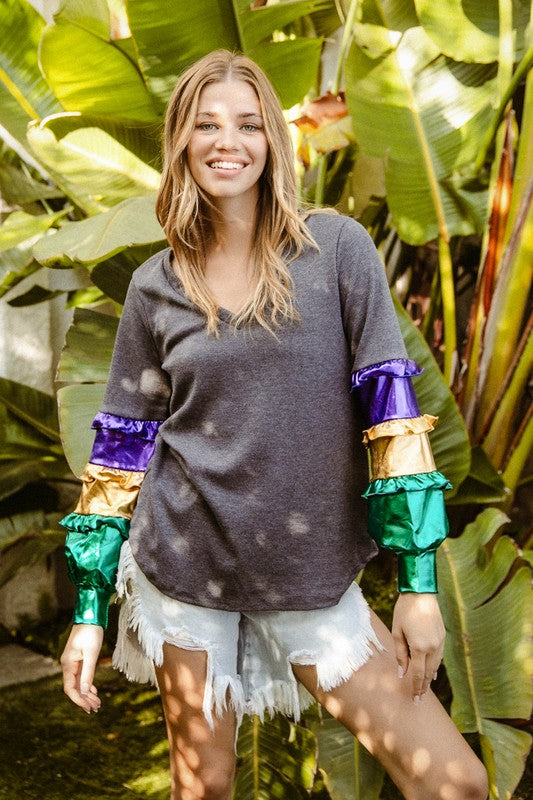 Foil Ruffled Color Block Thermal V-Neck Top-Long Sleeves-Bibi-Shop with Bloom West Boutique, Women's Fashion Boutique, Located in Houma, Louisiana