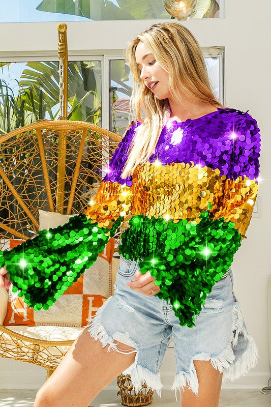 Mardi Gras Color Block Spangle Top-Long Sleeves-Bibi-Shop with Bloom West Boutique, Women's Fashion Boutique, Located in Houma, Louisiana