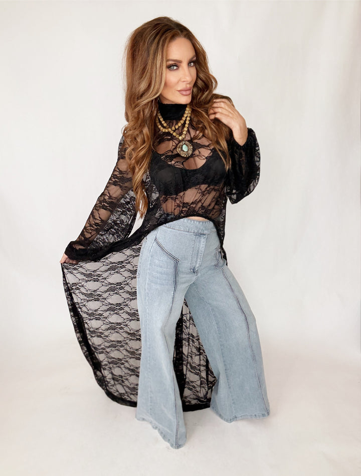 Enchanted Noir High-Low Lace Top-Tops-Nylon Apparel-Shop with Bloom West Boutique, Women's Fashion Boutique, Located in Houma, Louisiana