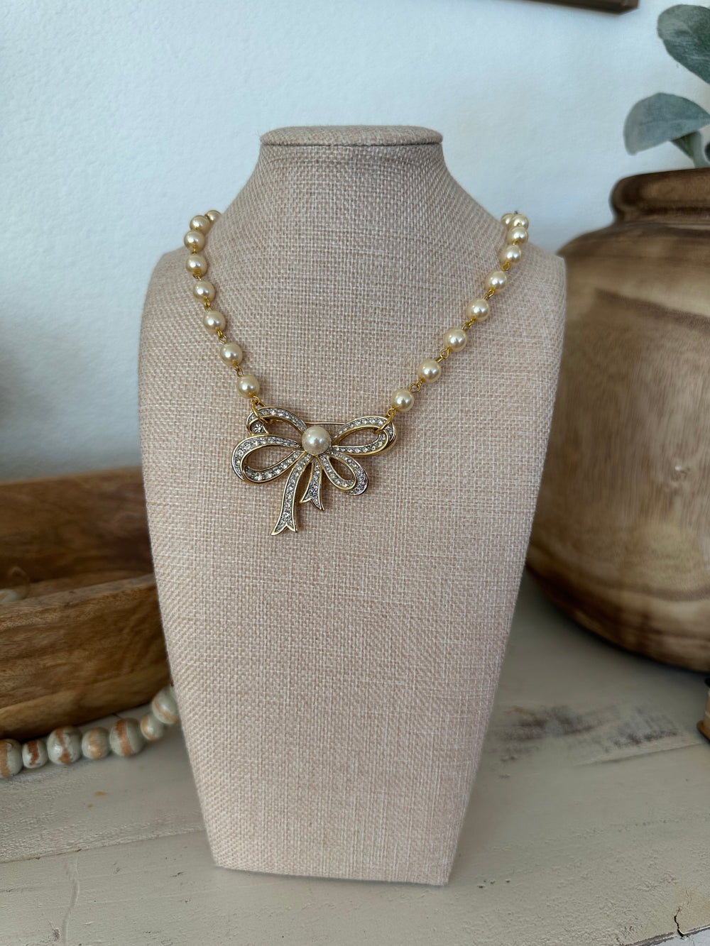 Erin Knight Design Vintage Gold Plated Rhinestone Bow Pearl Necklace-Necklaces-Erin Knight Designs-Shop with Bloom West Boutique, Women's Fashion Boutique, Located in Houma, Louisiana