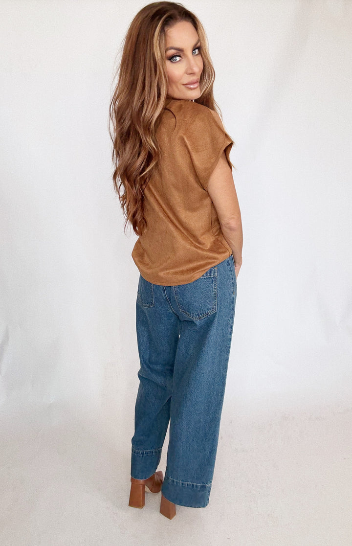 THML Short Sleeve Suede Top-Tops-THML-Shop with Bloom West Boutique, Women's Fashion Boutique, Located in Houma, Louisiana