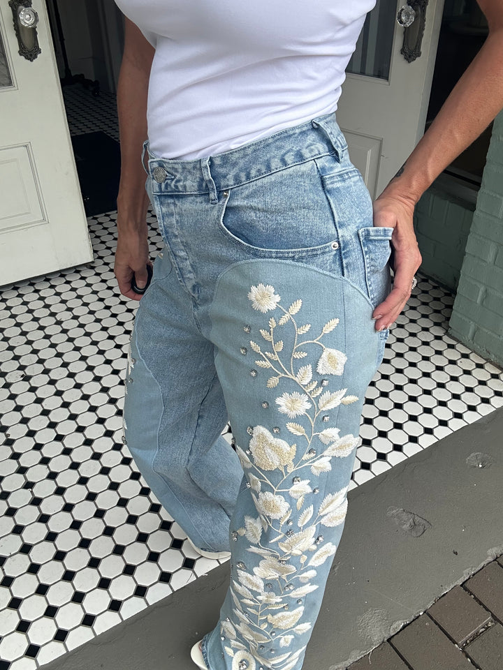 Willow Embroidery Mid Rise Stretch Stone Embellished Jeans-jeans-blue b-Shop with Bloom West Boutique, Women's Fashion Boutique, Located in Houma, Louisiana