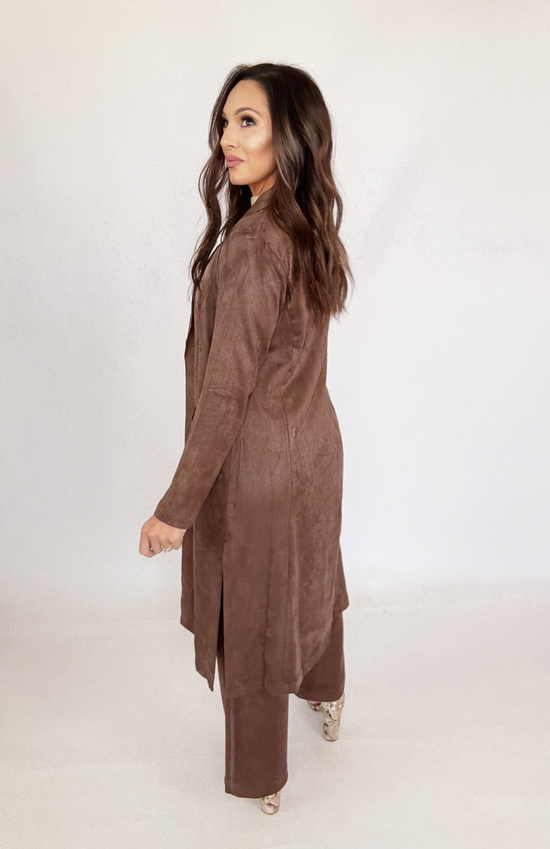 Sofía Suede Duster Brown-Jackets-skies are blue-Shop with Bloom West Boutique, Women's Fashion Boutique, Located in Houma, Louisiana