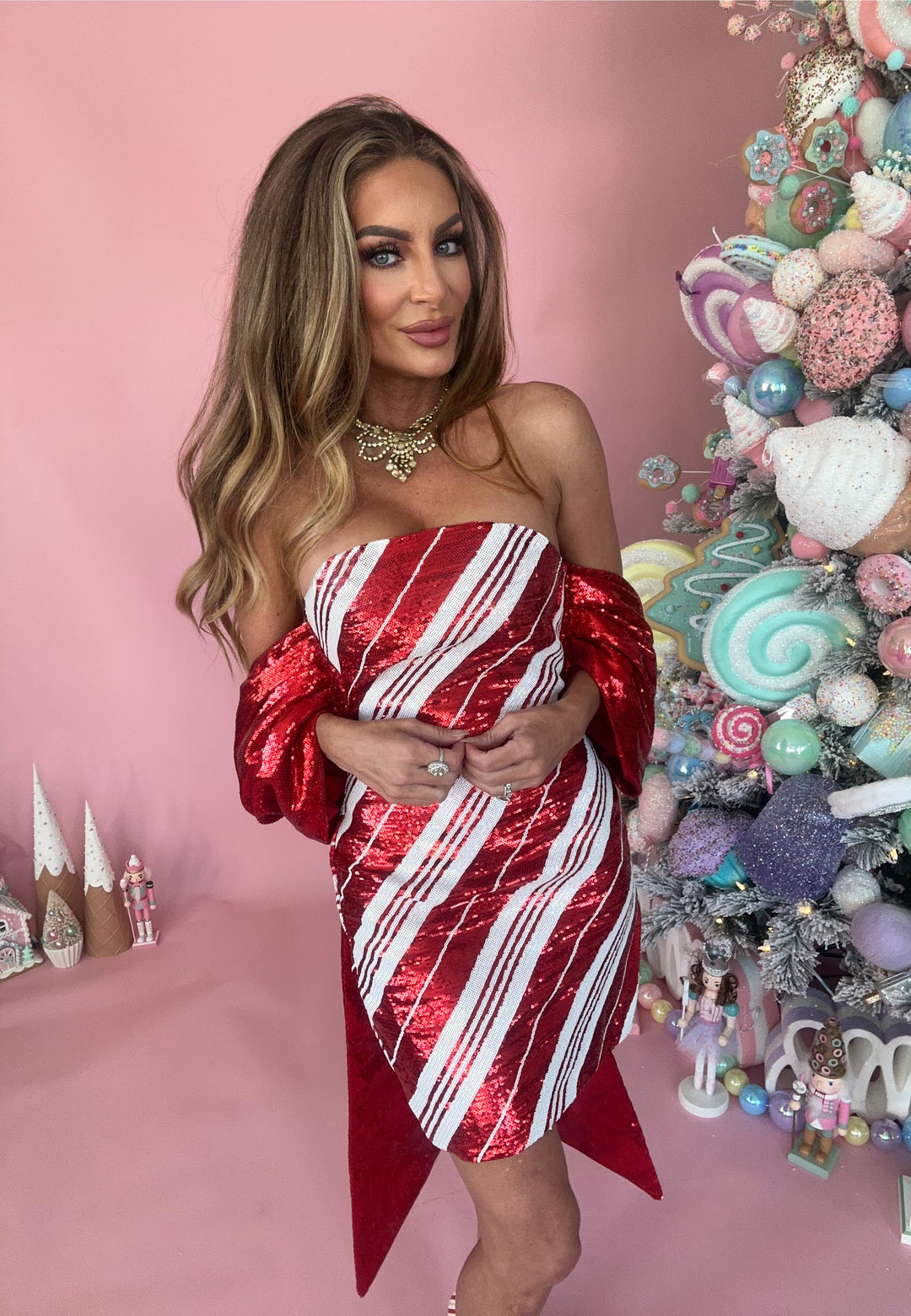 Queen of Sparkles Red & White Candy Cane Bow Cocktail Dress-Mini Dresses-Queen Of Sparkles-Shop with Bloom West Boutique, Women's Fashion Boutique, Located in Houma, Louisiana