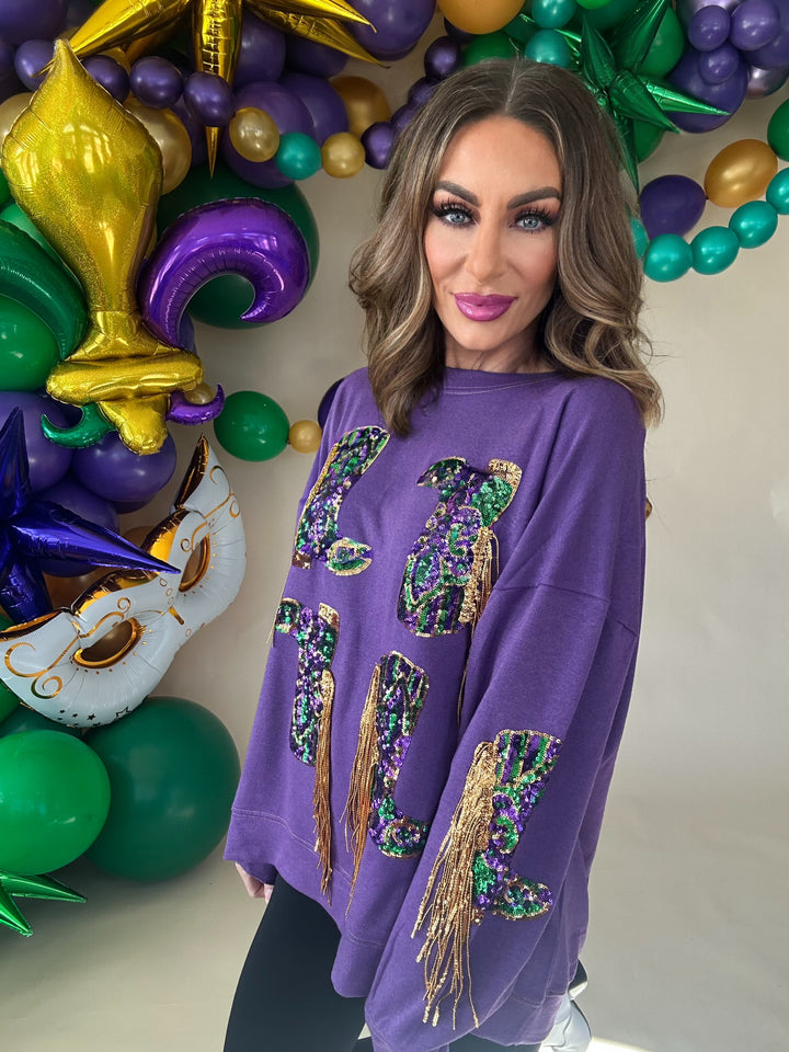 Nemesis Fringed Mardi Gras Boots Sequin Pullover-Graphic Sweaters-Bibi-Shop with Bloom West Boutique, Women's Fashion Boutique, Located in Houma, Louisiana