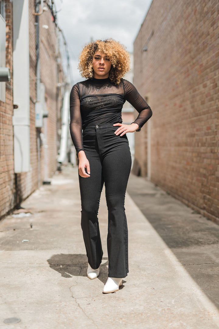 Taylee Layered Mesh Ruched Mock Neck Bodysuit, Black-Body Suits-promesa USA-Shop with Bloom West Boutique, Women's Fashion Boutique, Located in Houma, Louisiana