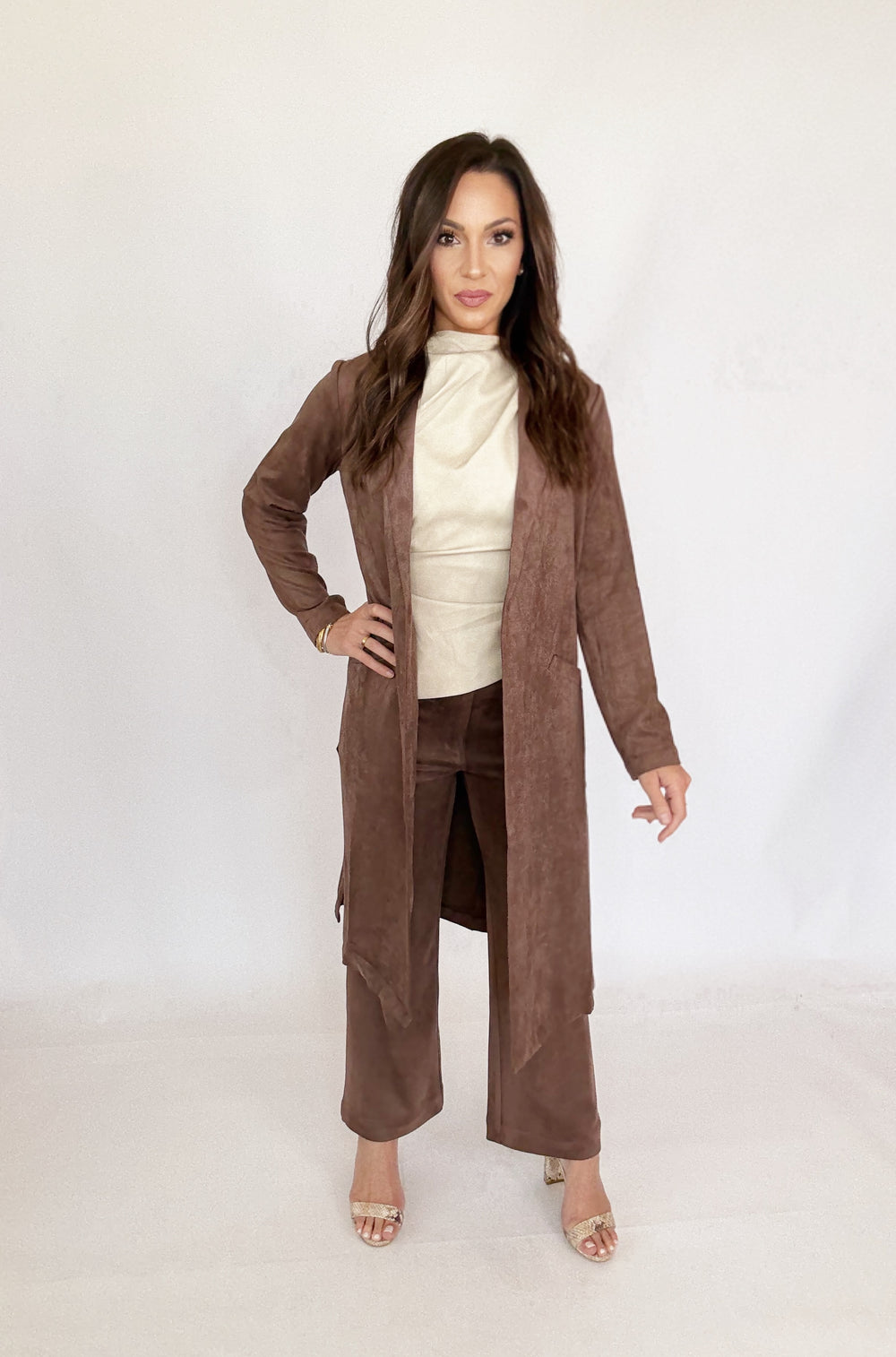 Sofía Suede Duster Brown-Jackets-skies are blue-Shop with Bloom West Boutique, Women's Fashion Boutique, Located in Houma, Louisiana